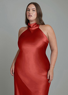 Azazie Velli Robes de demoiselle d'honneur Robe Fourreau en Satiné métallisé Col haut Rouille image9