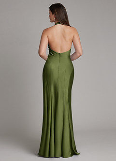 Azazie Sahara Bridesmaid Dresses Olive A-Line Pleated Stretch Satin Dress image2