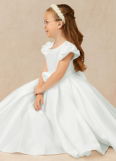 Azazie Jewel Flower Girl Dresses Ivory Ball-Gown Pleated Matte Satin Dress image3