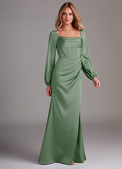 Azazie Charissa Bridesmaid Dresses Matcha Sheath Long Sleeve Stretch Satin Dress image6
