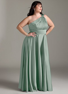Azazie Charlize Bridesmaid Dresses Agave A-Line One Shoulder Stretch Satin Dress image12