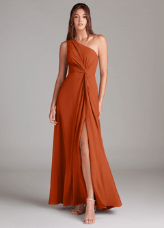 Azazie Brooke Vestidos de damas de honor Vestido de Naranja Quemada de Gasa de Corte en A con Hombro unilateral image1