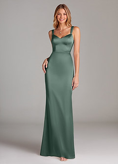 Azazie Denice At-home Try On Dresses Eucalyptus A-Line Pleated Stretch Satin Dress image3