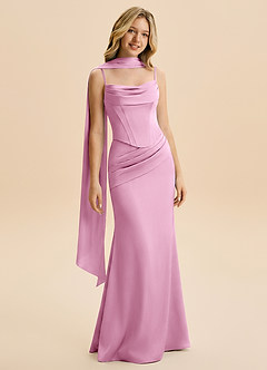 Azazie Sorrel Junior Candy Pink Mermaid Ruched Stretch Satin Dress image3