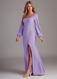 Azazie Charissa Bridesmaid Dresses Lilac Sheath Long Sleeve Chiffon Dress image4