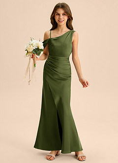 Azazie Madelyn Junior Osłona Zza ramienia Satyna elastyczna Długość podłogi Młodsza druhna Sukienka image1