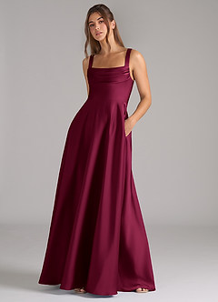 Azazie Shaude Bridesmaid Dresses Burgundy A-Line Pleated Stretch Satin Dress image5