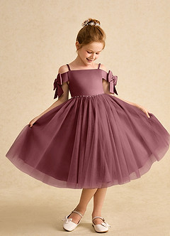 Azazie Amie Flower Girl Dresses Desert Rose A-Line Off the Shoulder Matte Satin Dress image1