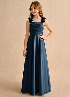 Azazie Rosita Girls Formal vestidos de niña de las flores Vestido Azul Marino Oscuro de Satén Elástico de Línea A con Plisado image4