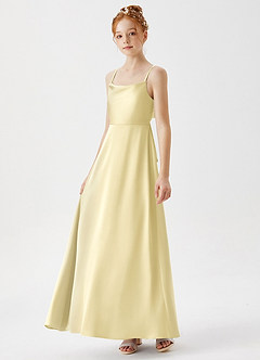 Azazie Shale Junior Lemon Sorbet A-Line Stretch Satin Dress image2