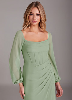 Azazie Charissa At-home Try On Dresses Dusty Sage Sheath Long Sleeve Chiffon Dress image7