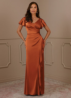 Azazie Roya Mother of the Bride Dresses Cinnamon Mermaid V-Neck Pleated Stretch Satin Dress image2