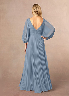 Azazie Zahara Mère de la mariée Robes Robe Trapèze en Mousseline de soie Col V plissé Bleu Poussiéreux image4