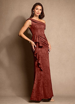Azazie Hamptons Mother of the Bride Dresses Terracotta A-Line Pleated Floral Burnout Dress image4
