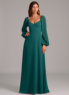 Azazie Annistyn Bridesmaid Dresses Peacock A-Line Long Sleeve Chiffon Dress image3