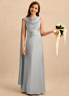 Azazie Sanah Girls Formal Robe Demoiselle D'honneur Fillette Robe Trapèze en Satin extensible Plissée Argent image3