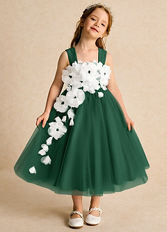 Azazie Dovey Flower Girl Dresses Dark Green Ball-Gown Bow Tulle Dress image2