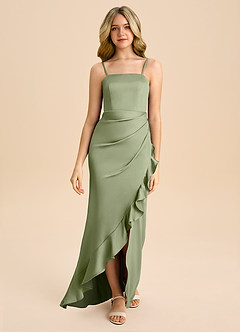 Azazie Buzzy Junior Pistachio Sheath Pleated Stretch Satin Dress image4