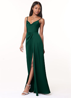 Azazie Brielle Robes de demoiselle d'honneur Robe Trapèze en Satin extensible Bretelles spaghetti émeraude image3