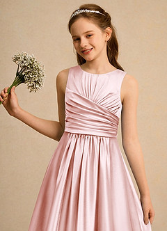 Azazie Ducky Junior Formal Flower Girl Dresses Blushing Pink A-Line Pleated Stretch Satin Dress image6