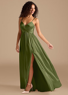 Azazie Alia Bridesmaid Dresses Olive A-Line Pleated Metallic Satin Dress image2