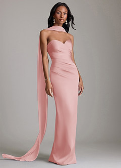 Azazie Sonora Vestidos de damas de honor Vestido de Rosa Empolvado de Satén Elástico de Corte Recto con Sin tirantes image9