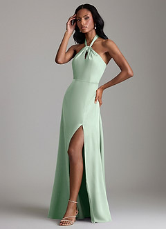 Azazie Tracie Vestidos de damas de honor Vestido de Agave de Satén Elástico de Corte en A con Corte Lateral image4