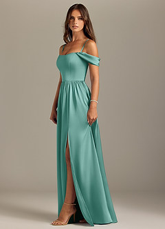 Azazie Calianna Bridesmaid Dresses Aqua A-Line Off the Shoulder Stretch Satin Convertible Dress image6