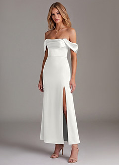 Azazie Saige Bridesmaid Dresses White Mermaid Off the Shoulder Stretch Satin Dress image4