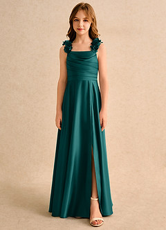 Azazie Rosita Girls Formal Flower Girl Dresses Peacock A-Line Pleated Matte Satin Dress image3