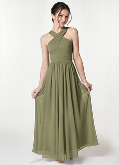 Azazie Jiya Junior Pistachio A-Line Pleated Mesh Dress image1
