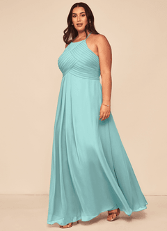 Azazie Ginger Bridesmaid Dresses Aqua A-Line Halter Pleated Chiffon Dress image9