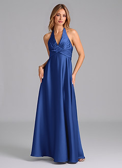 Azazie Tessie Bridesmaid Dresses Royal Blue A-Line Pleated Stretch Satin Dress image5