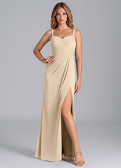 Azazie Micky Bridesmaid Dresses Champagne A-Line Pleated Mesh Dress image3