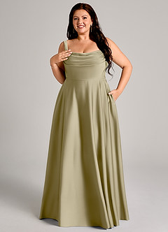 Azazie Shaude Bridesmaid Dresses Moss Green A-Line Pleated Stretch Satin Dress image11