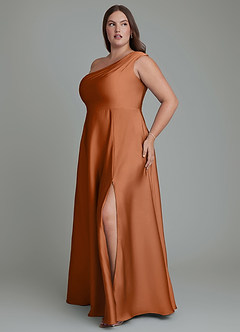 Azazie Melanie Robes de demoiselle d'honneur Robe Trapèze en Satin extensible Épaules dénudées Cuivre image11