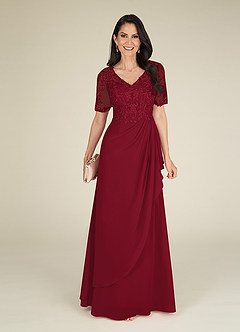Azazie Amedeus At-home Try On Dresses Burgundy A-Line V-Neck Lace Chiffon Dress image1