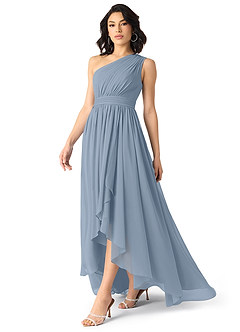 Azazie Mathilda Bridesmaid Dresses Dusty Blue A-Line One Shoulder Chiffon Dress image3