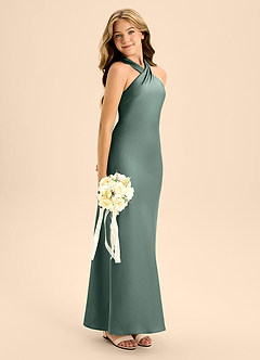 Azazie Doretta Junior Abito A-Line in Raso Elasticizzato Plissettato Muschio Marino image7