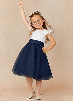 Azazie Vetty Flower Girl Dresses Ivory Dark Navy A-Line Lace Tulle Dress image1