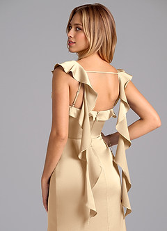 Azazie Adi Bridesmaid Dresses Champagne A-Line Pleated Stretch Satin Dress image2