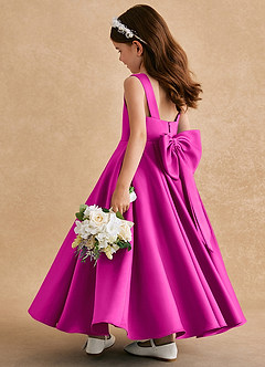 Azazie Honey Bear Flower Girl Dresses Fuchsia A-Line Pleated Matte Satin Dress image4