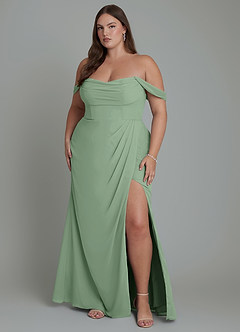Azazie Johana Jurken voor bruidsmeisjes Converteerbaar Jurk van Chiffon met Zeemeermin Off-shoulder Matcha image8