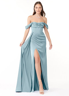 Azazie Amyra Bridesmaid Dresses Moody Blue Sheath Off the Shoulder Stretch Satin Convertible Dress image1