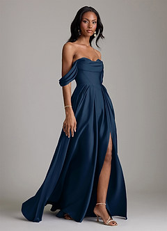 Azazie Loisa Abiti da Damigella Abito A-Line in Raso Elasticizzato a Spalla Scoperta Marino Scuro image6