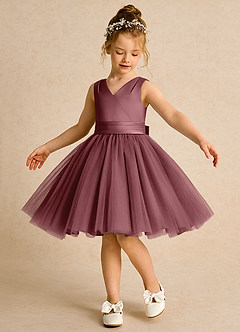 Azazie Tadpole Flower Girl Dresses Desert Rose A-Line Pleated Matte Satin Dress image1