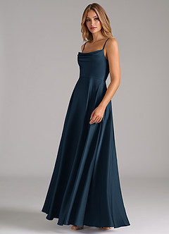 Azazie Elle Vestidos de damas de honor Vestido Azul Marino Oscuro de Satén Elástico de Línea A con Plisado image6