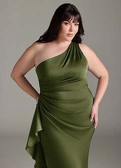 Azazie Latrice Bridesmaid Dresses Olive Sheath One Shoulder Cascading Ruffles Stretch Satin Dress image10