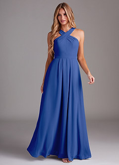 Azazie Dixie Vestidos de damas de honor Vestido de Azul Real de Gasa de Corte en A con Halter Plisado image3