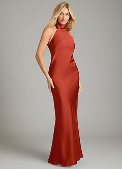 Azazie Velli Vestidos de damas de honor Vestido de Óxido de Satén Elástico de Corte Sirena con Cuello Alto image4